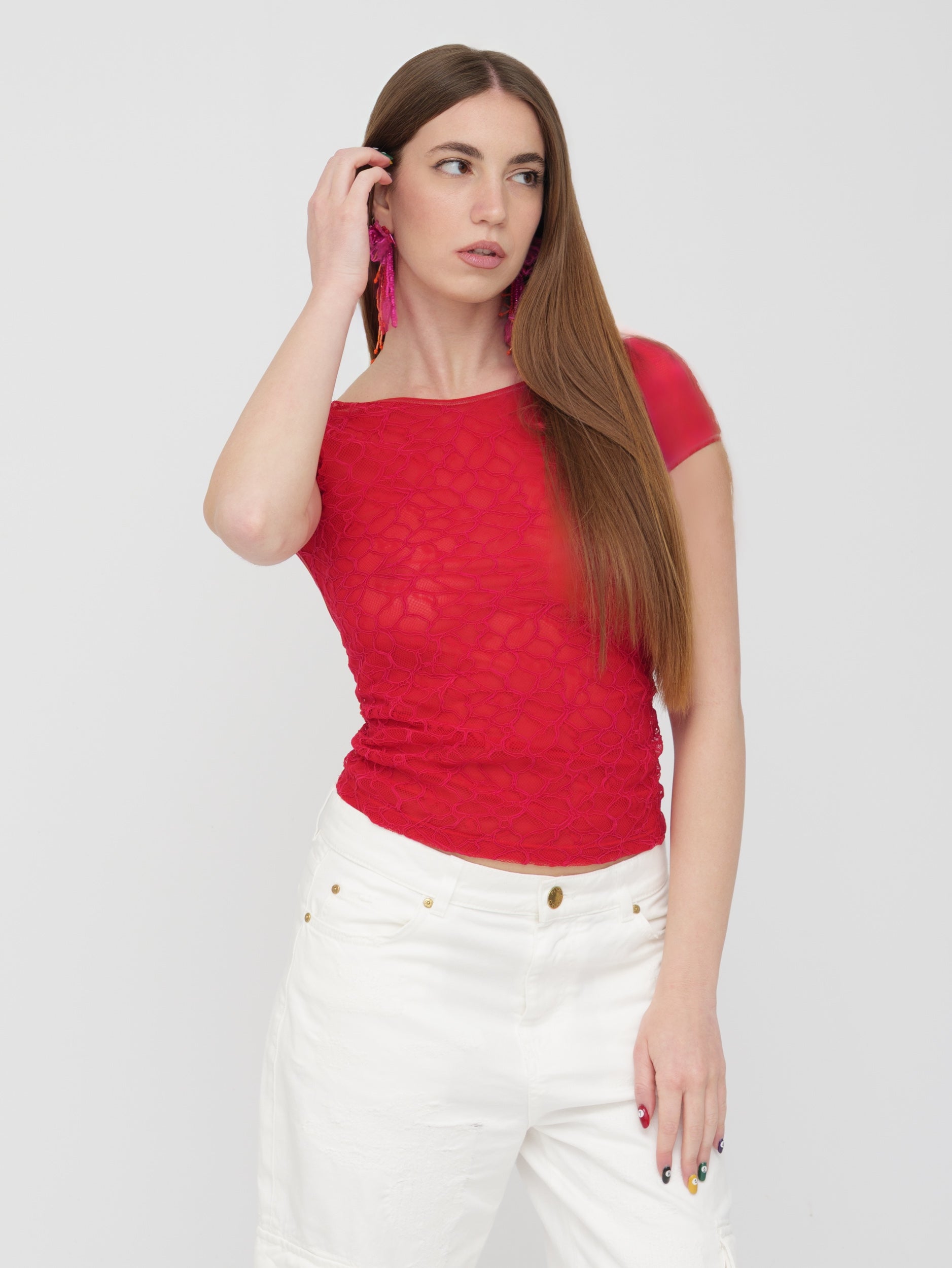 PINKO - top lavorato in pizzo scollo a barca