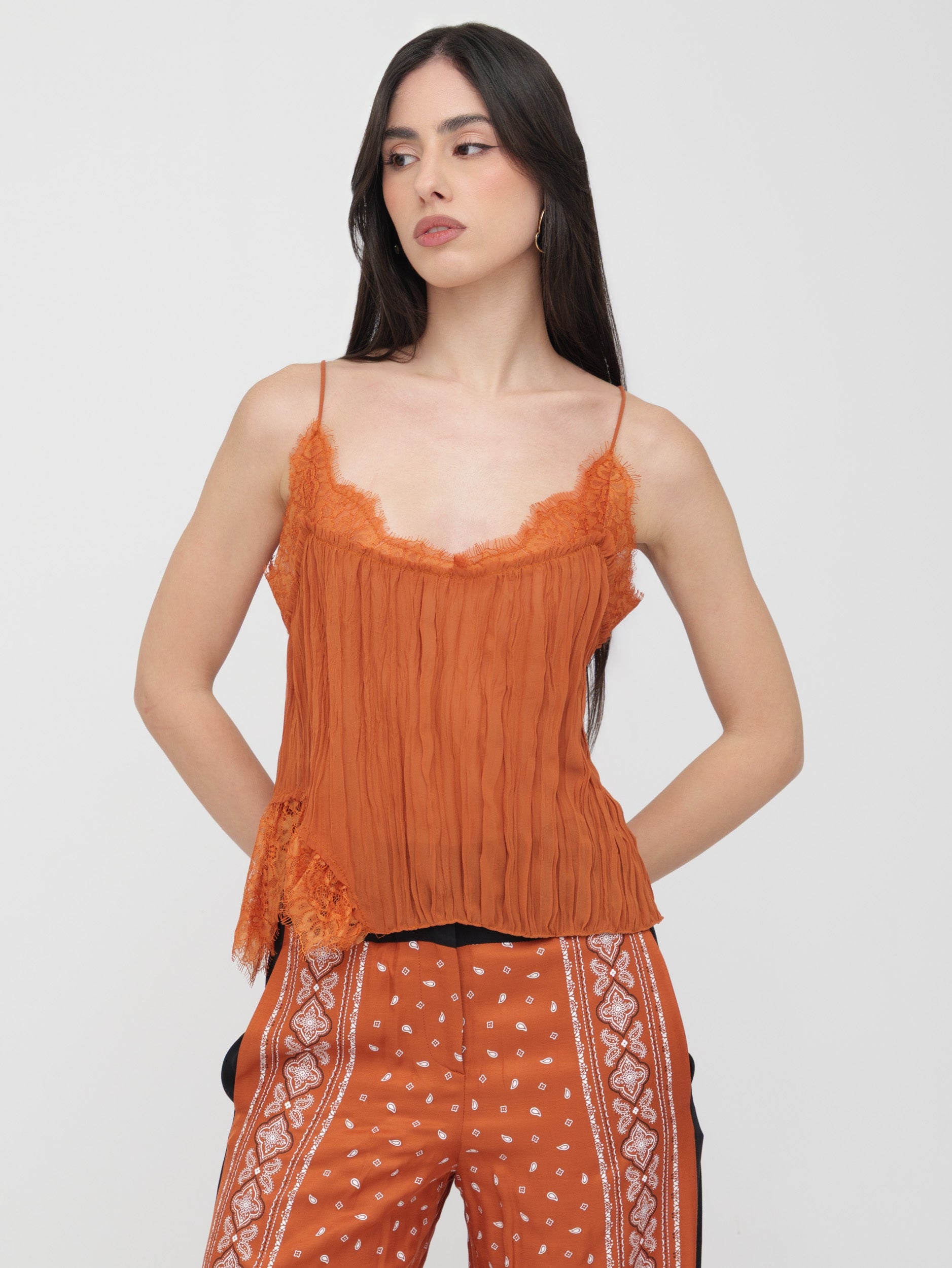 PINKO - top terracotta dettaglio in pizzo
