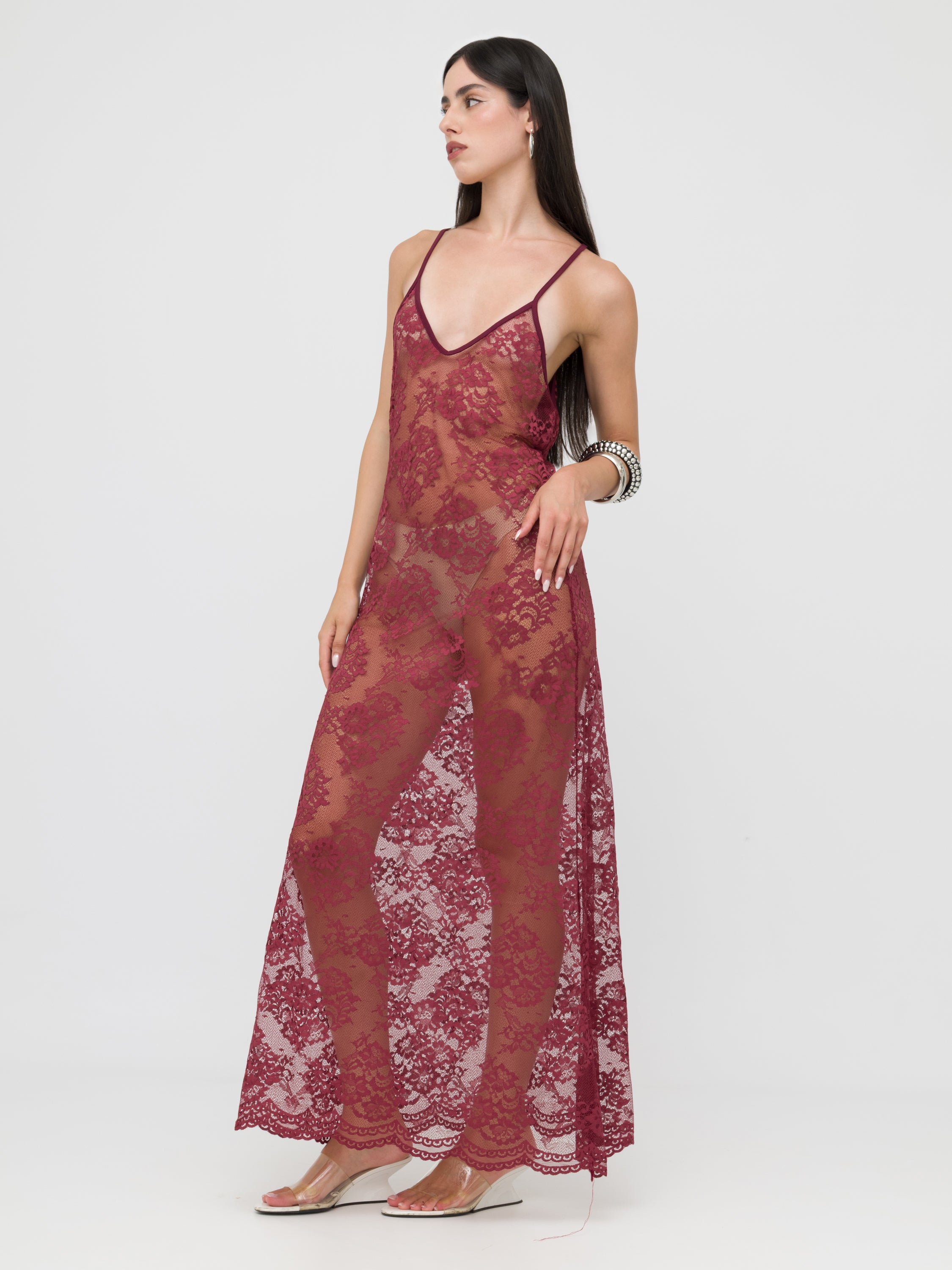 HAVEONE - maxi dress in pizzo bordeaux