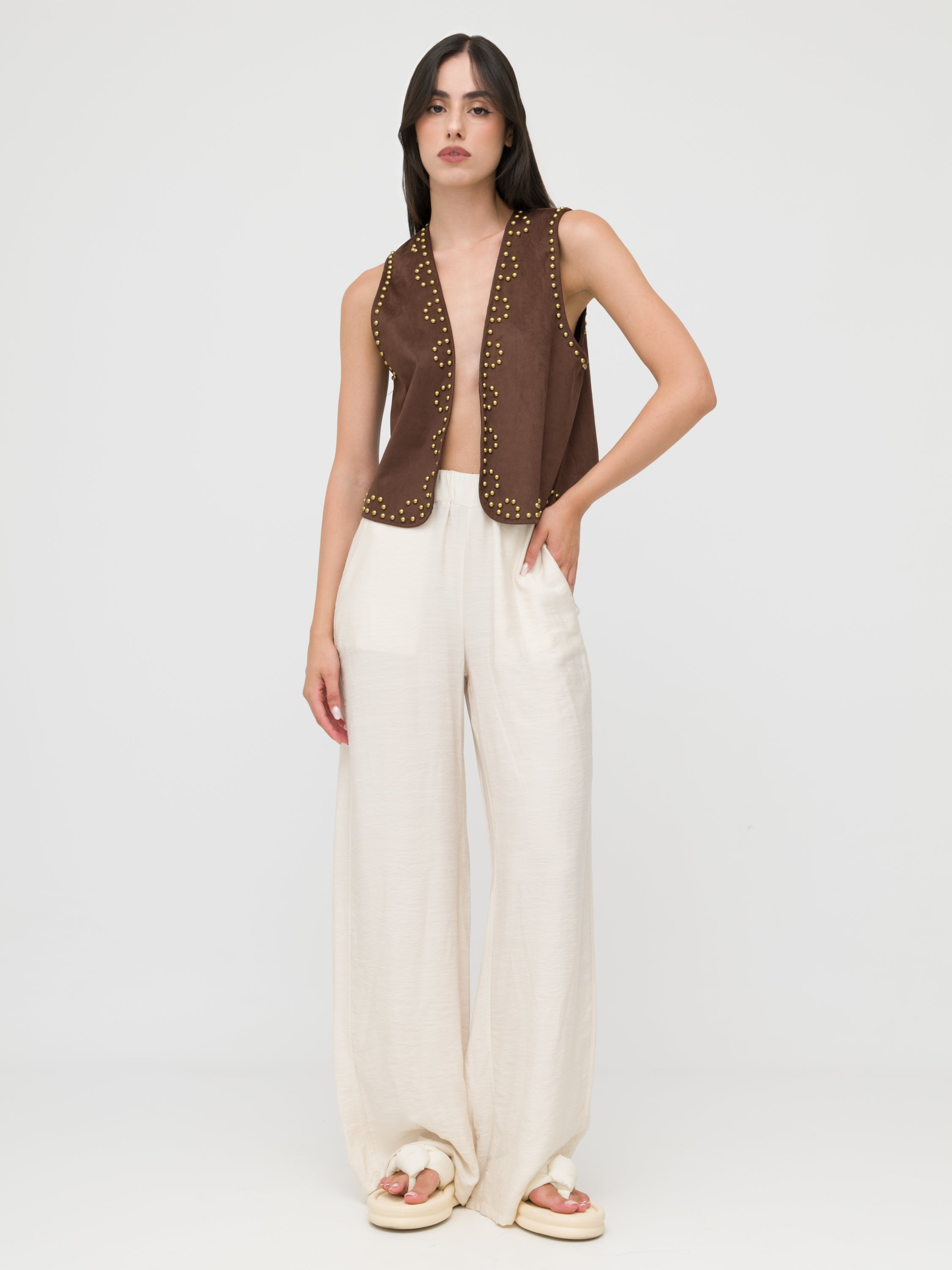 HAVEONE - gilet brown in camoscio con borchie