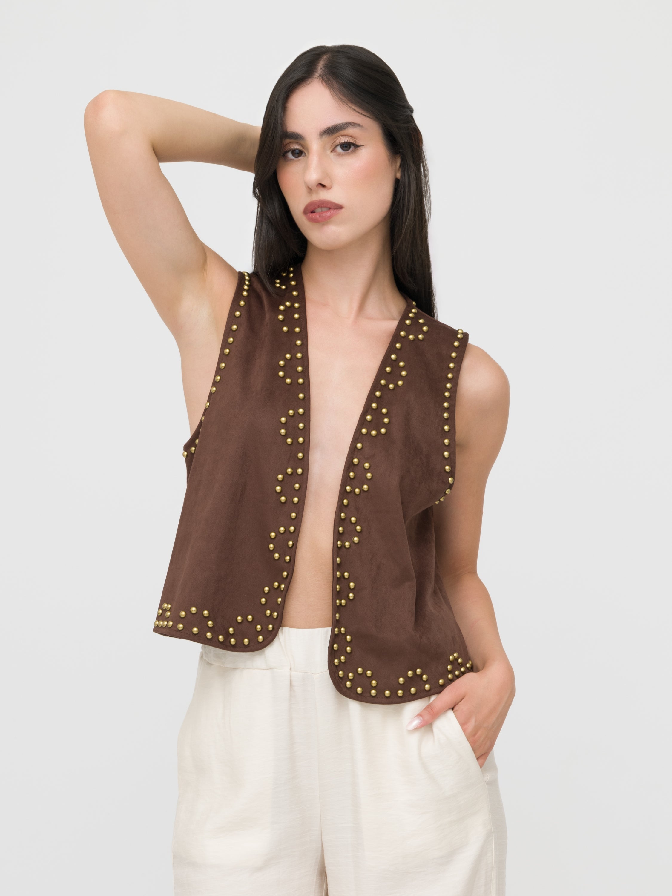 HAVEONE - gilet brown in camoscio con borchie