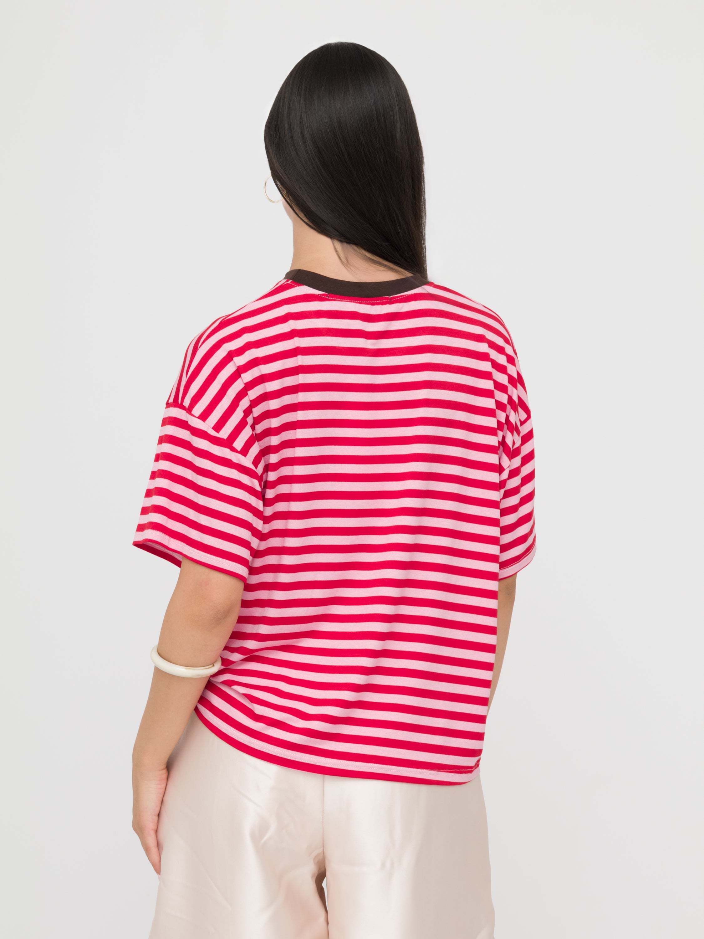 HAVEONE- t-shirt a righe rosa e rossa