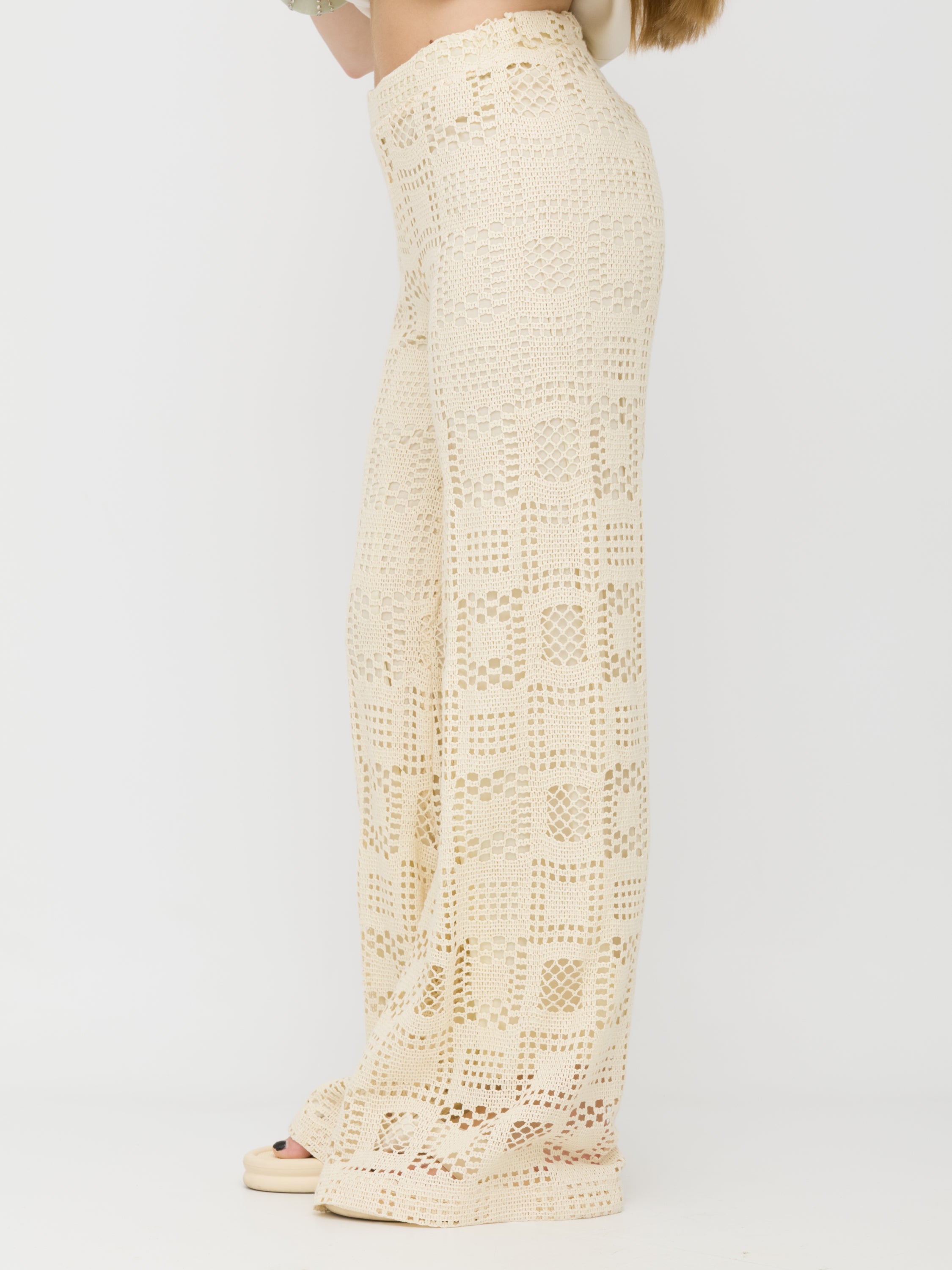 TENSIONE IN - pantalone wide leg tessuto crochet White cream