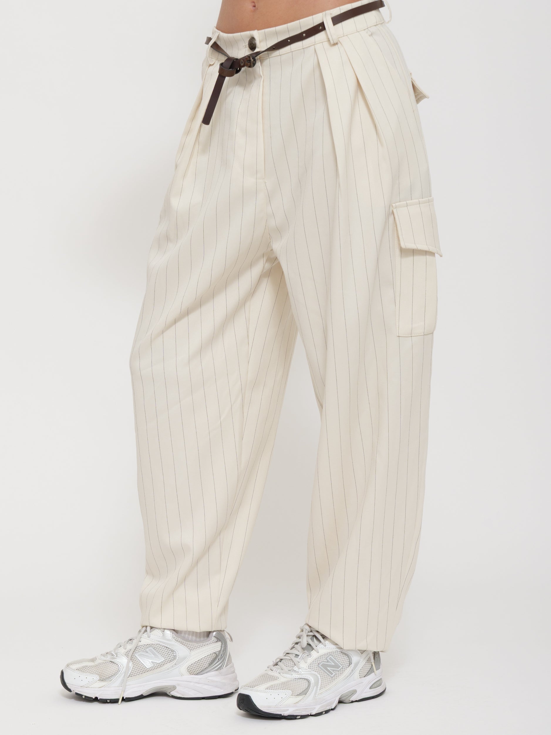 Pantalone cargo gessato con cinturino