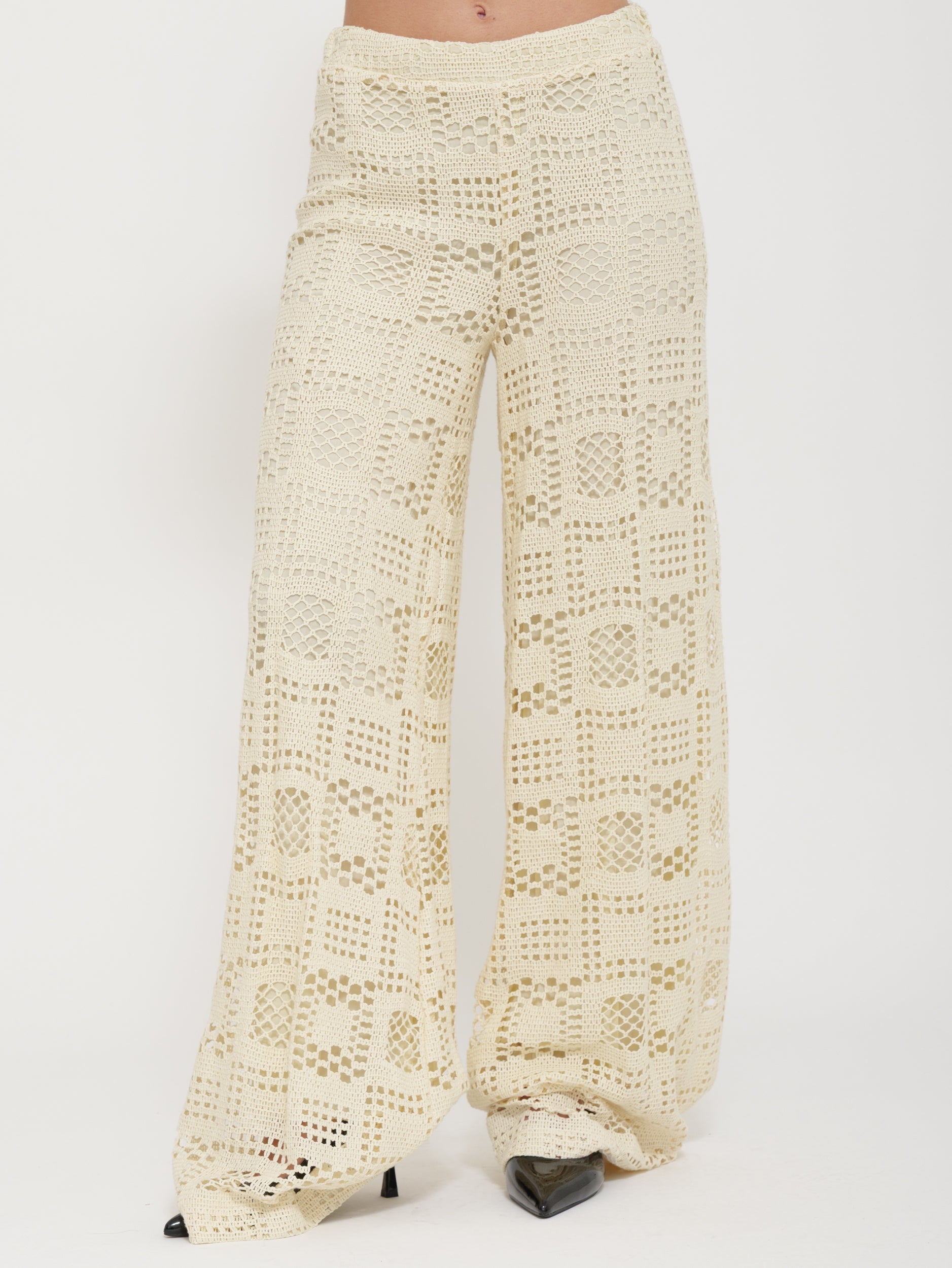 Pantalone wide leg in lino ricamato