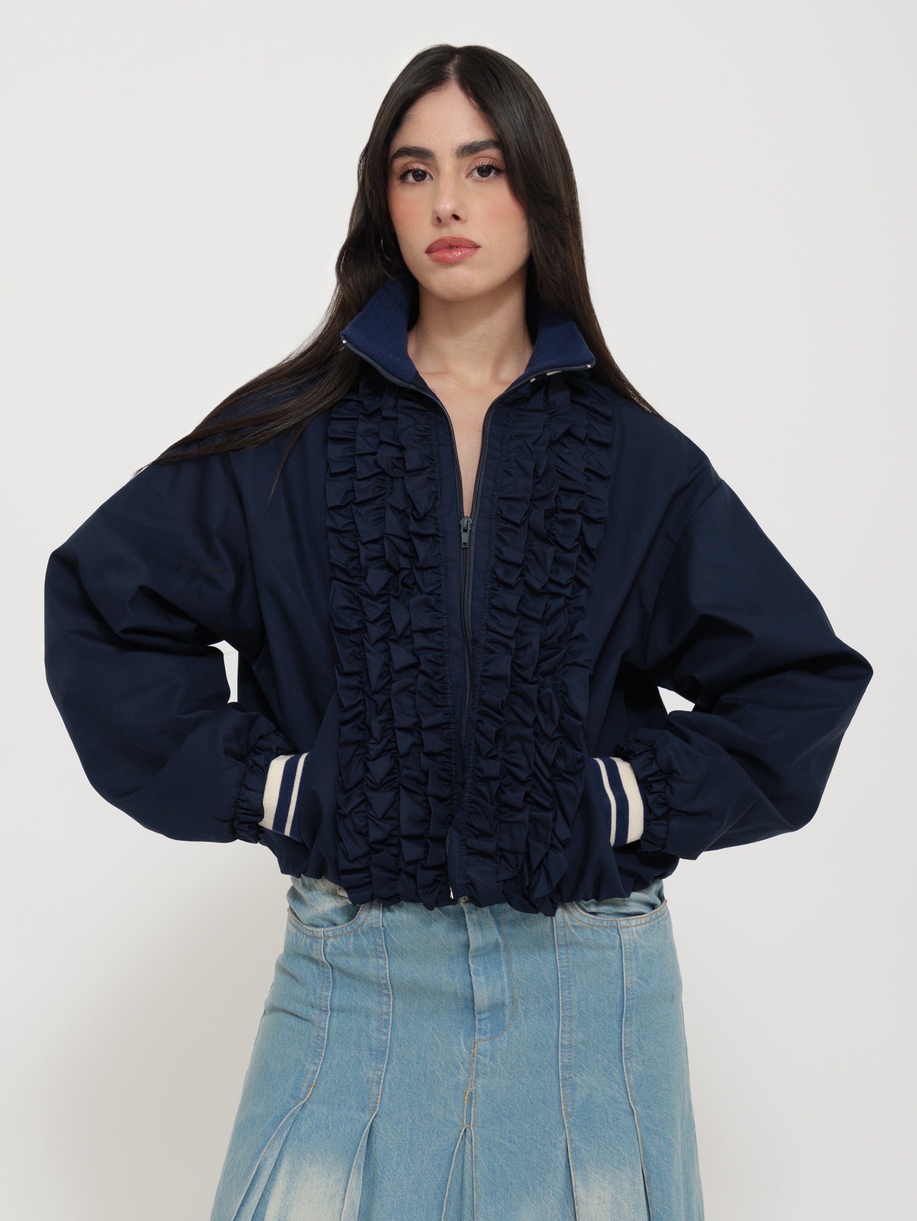 Puff bomber jacket con ruches frontali