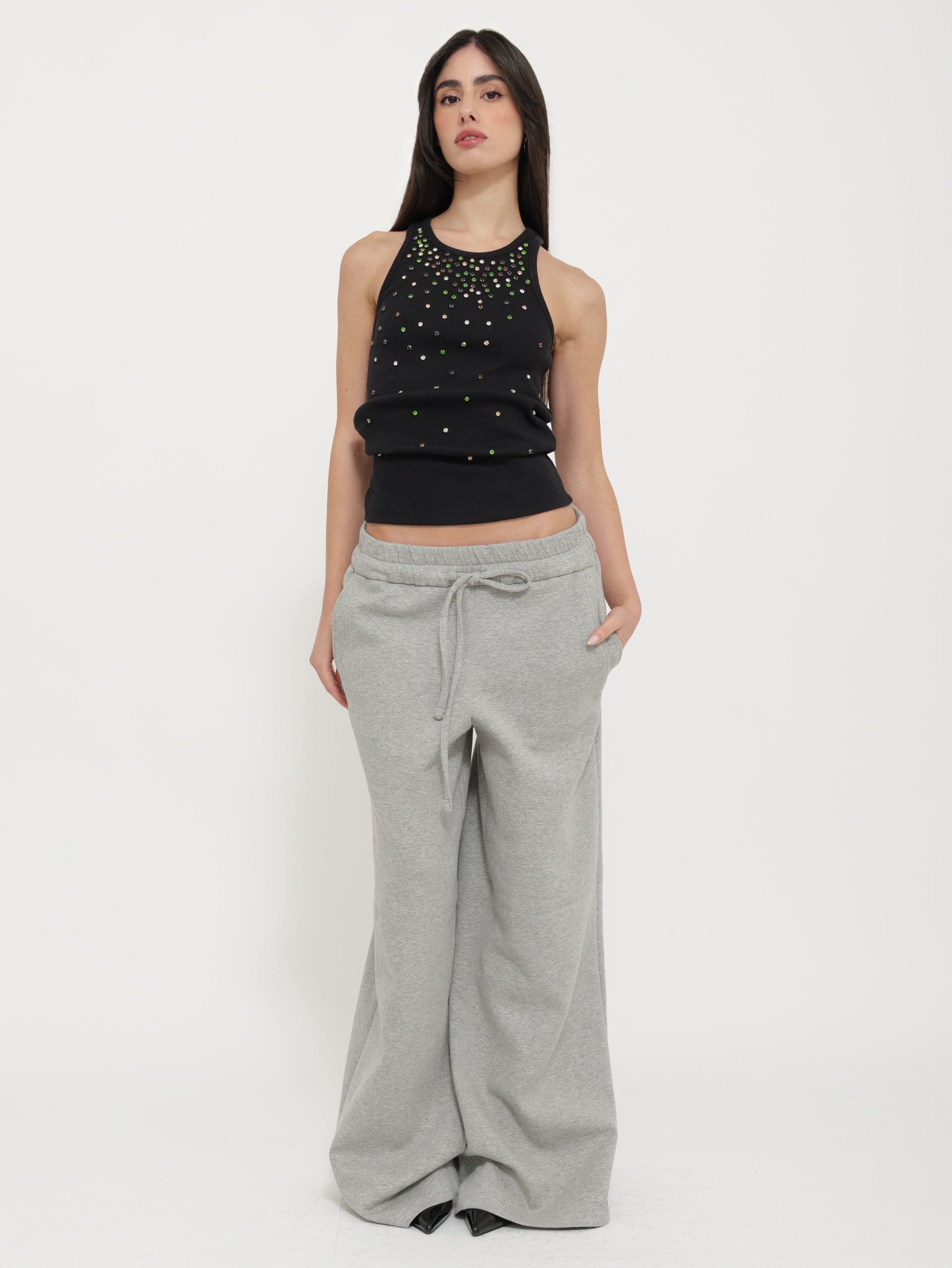 Canotta Nera con Applicazioni Strass “Tensione”