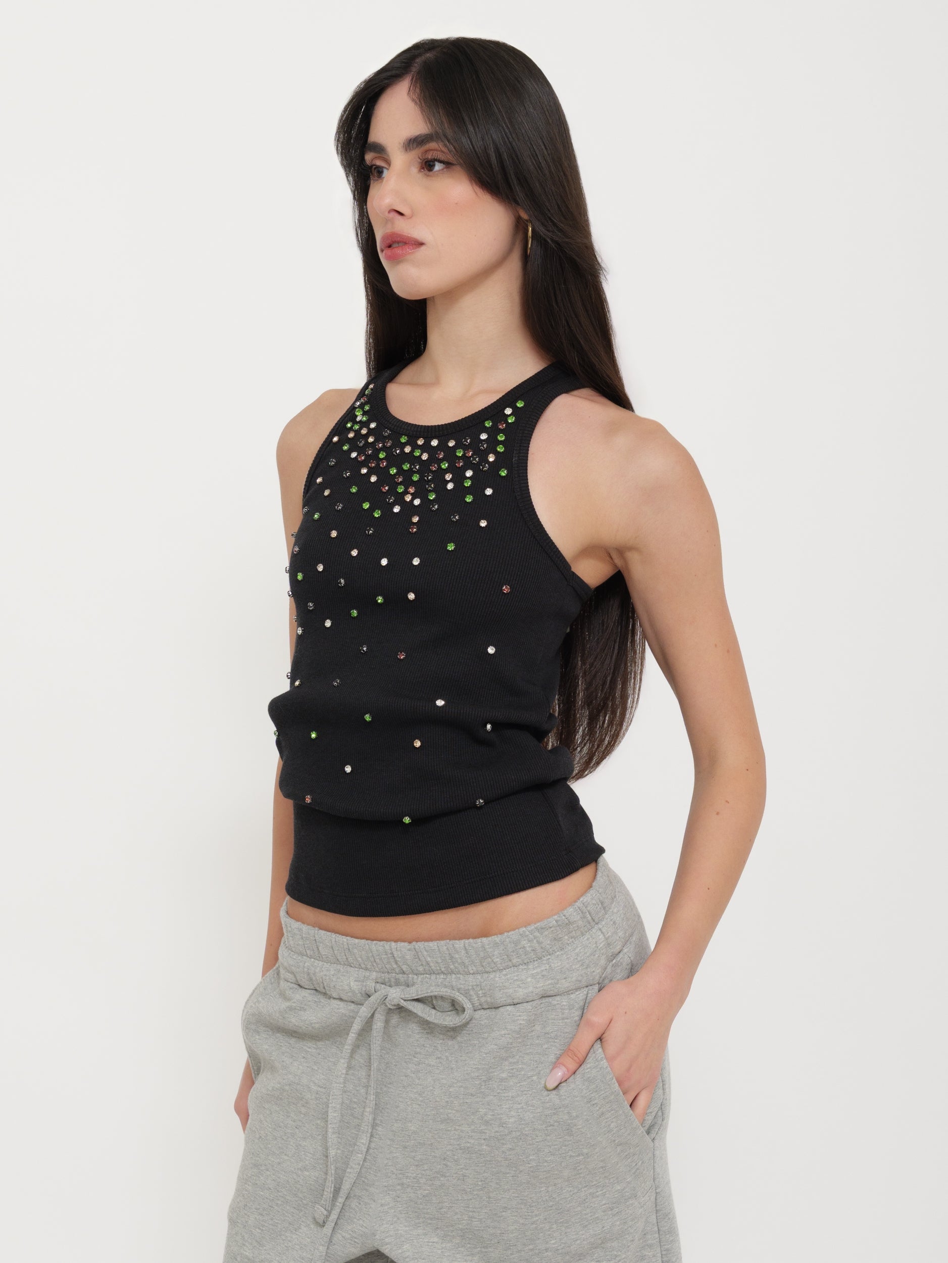 Canotta Nera con Applicazioni Strass “Tensione”