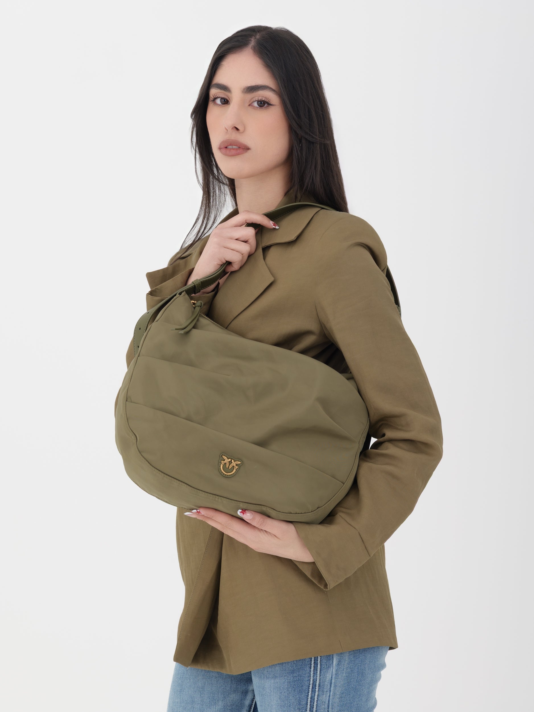 Pinko - Got bag curved, trapuntata a tracolla color oliva