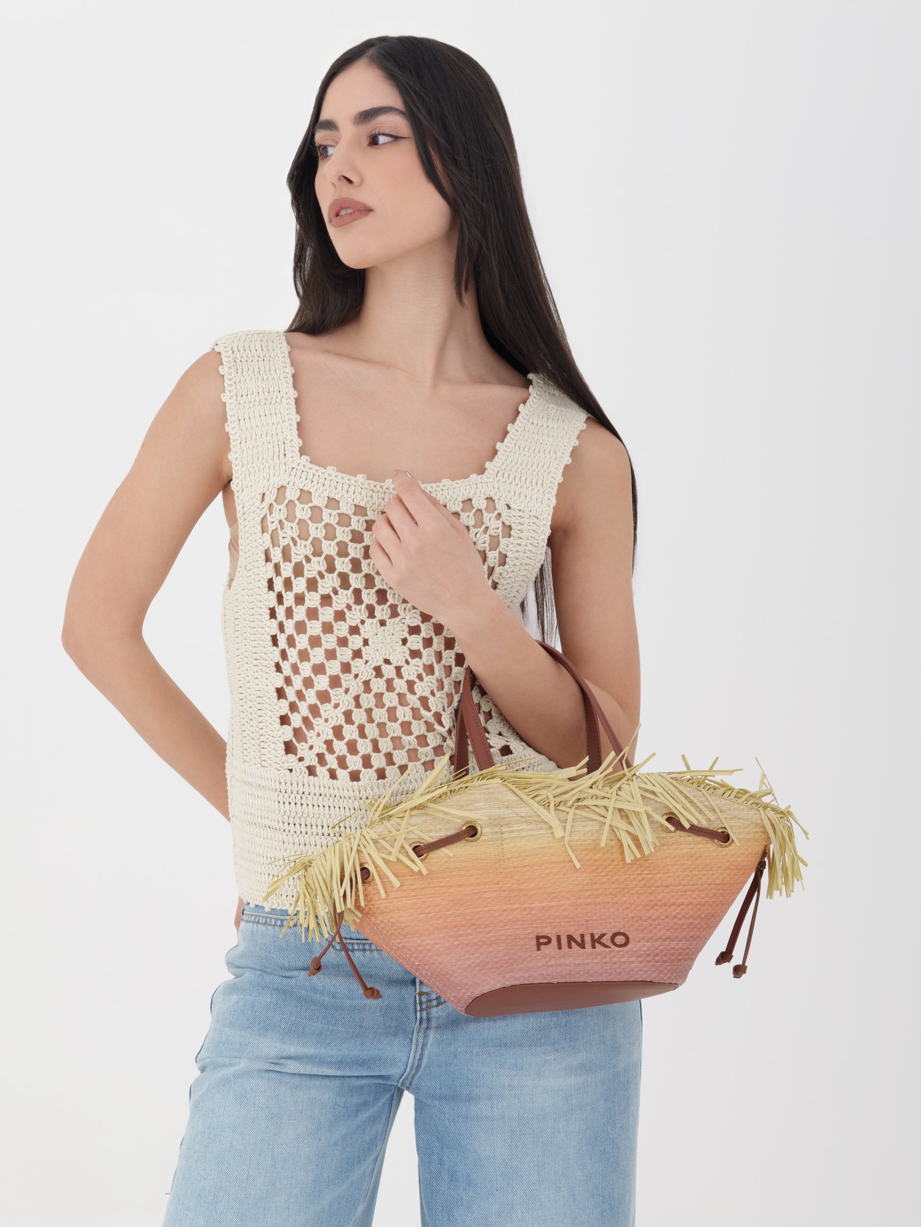 PINKO - Pagoda Small Shopper Rafia Panama, Borsa Donna
