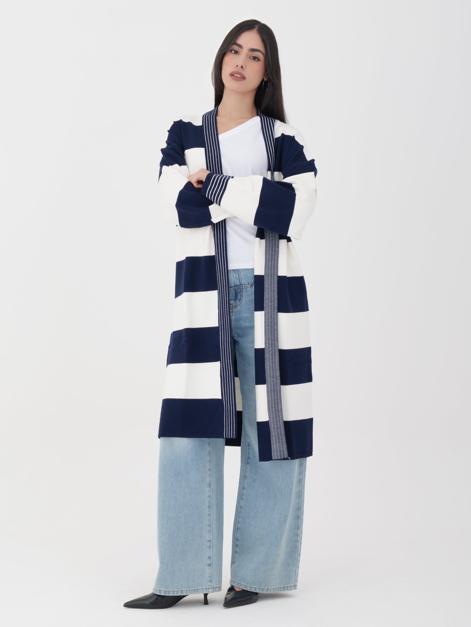 Cardigan blu righe tensione in lungo