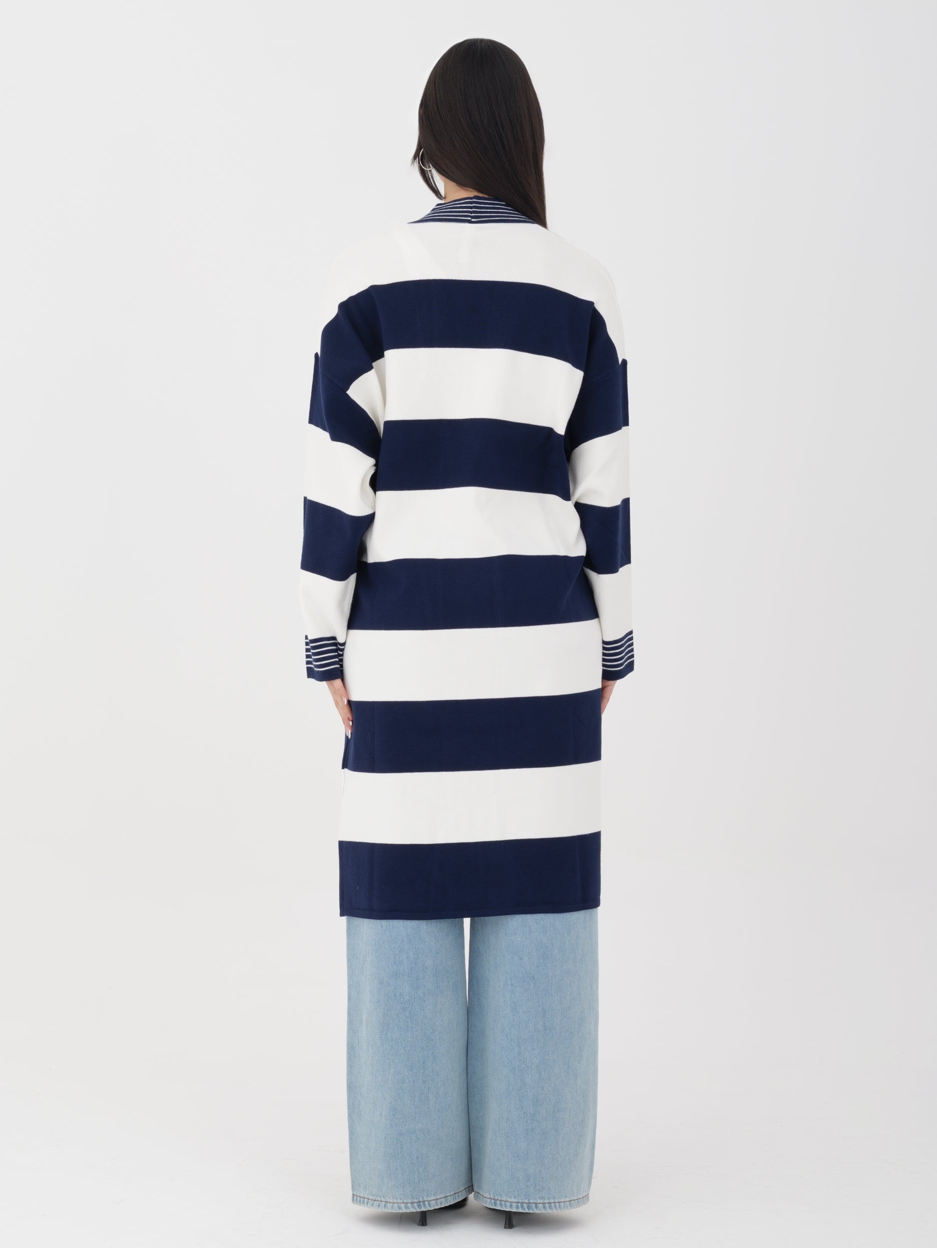 Cardigan blu righe tensione in lungo