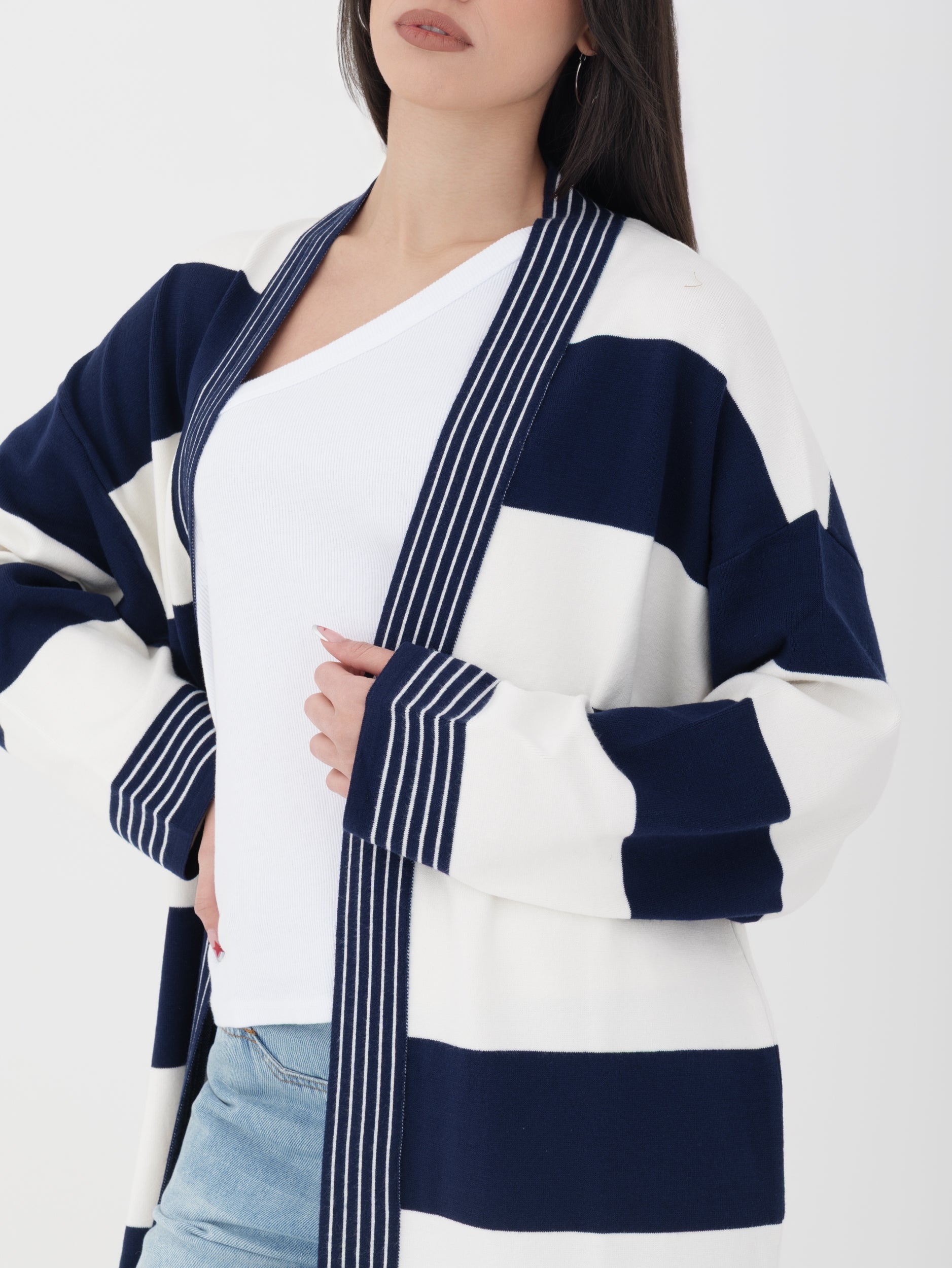 Cardigan blu righe tensione in lungo