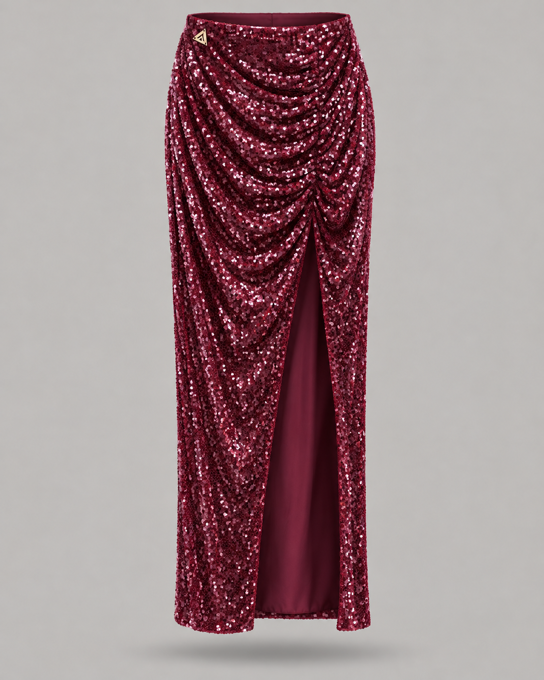 AKEP - Gonna lunga bordeaux in paillettes con drappeggio e spacco