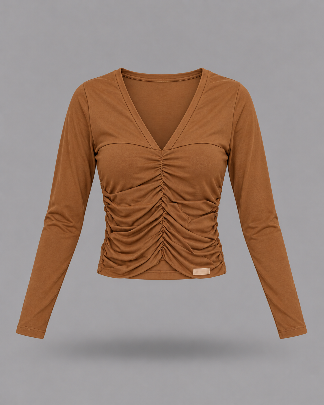 AKEP - Top marrone a maniche lunghe con scollo a V e arricciature