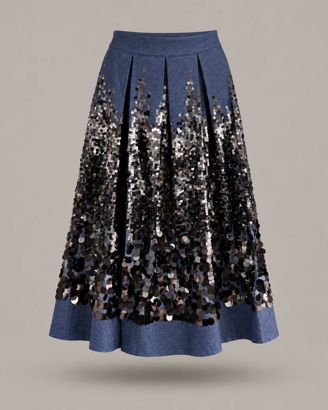 DIXIE  – Gonna midi in denim con paillettes e pieghe