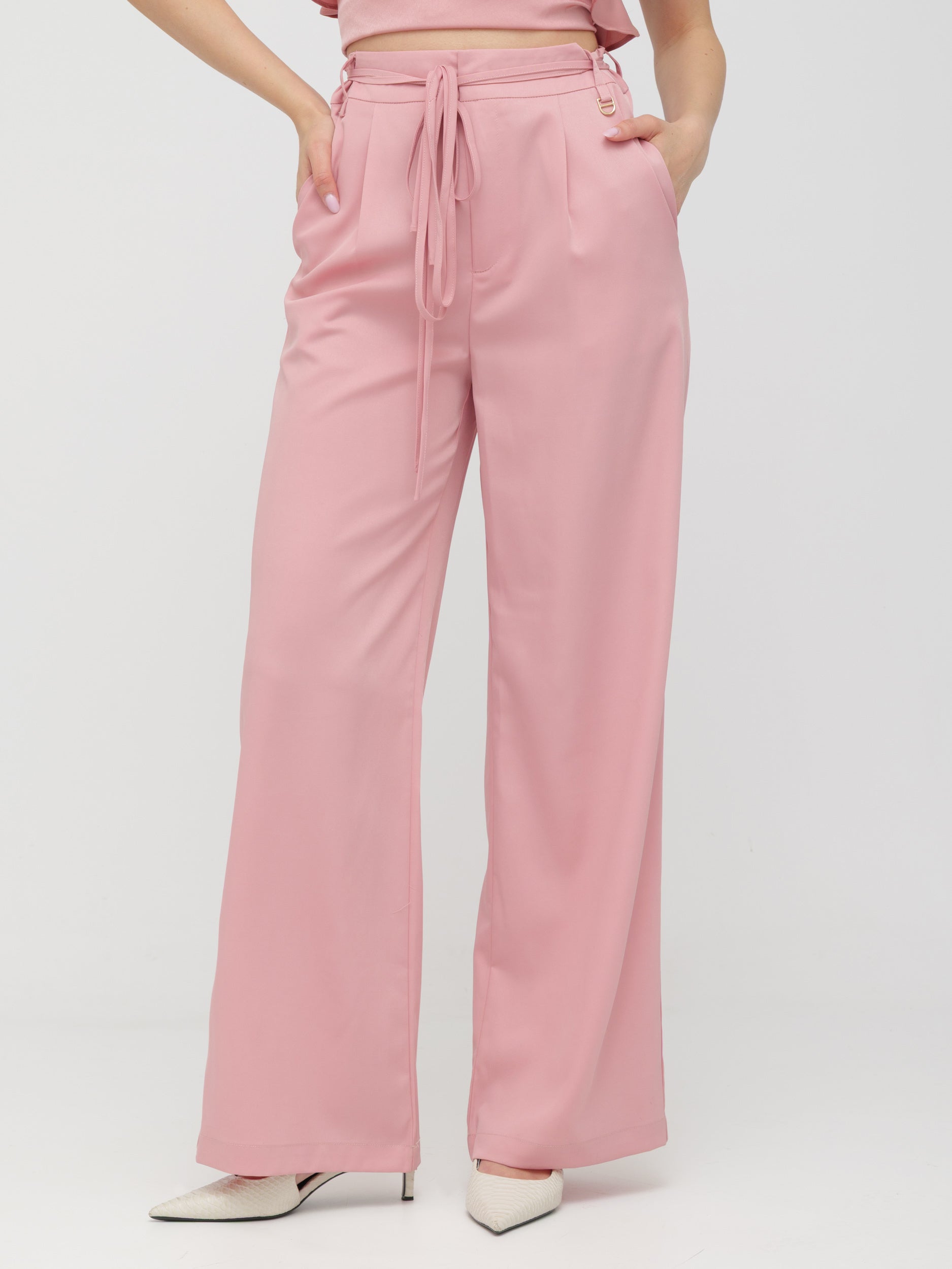 INFLUENCER - pantalone wide leg con lacci in vita pink