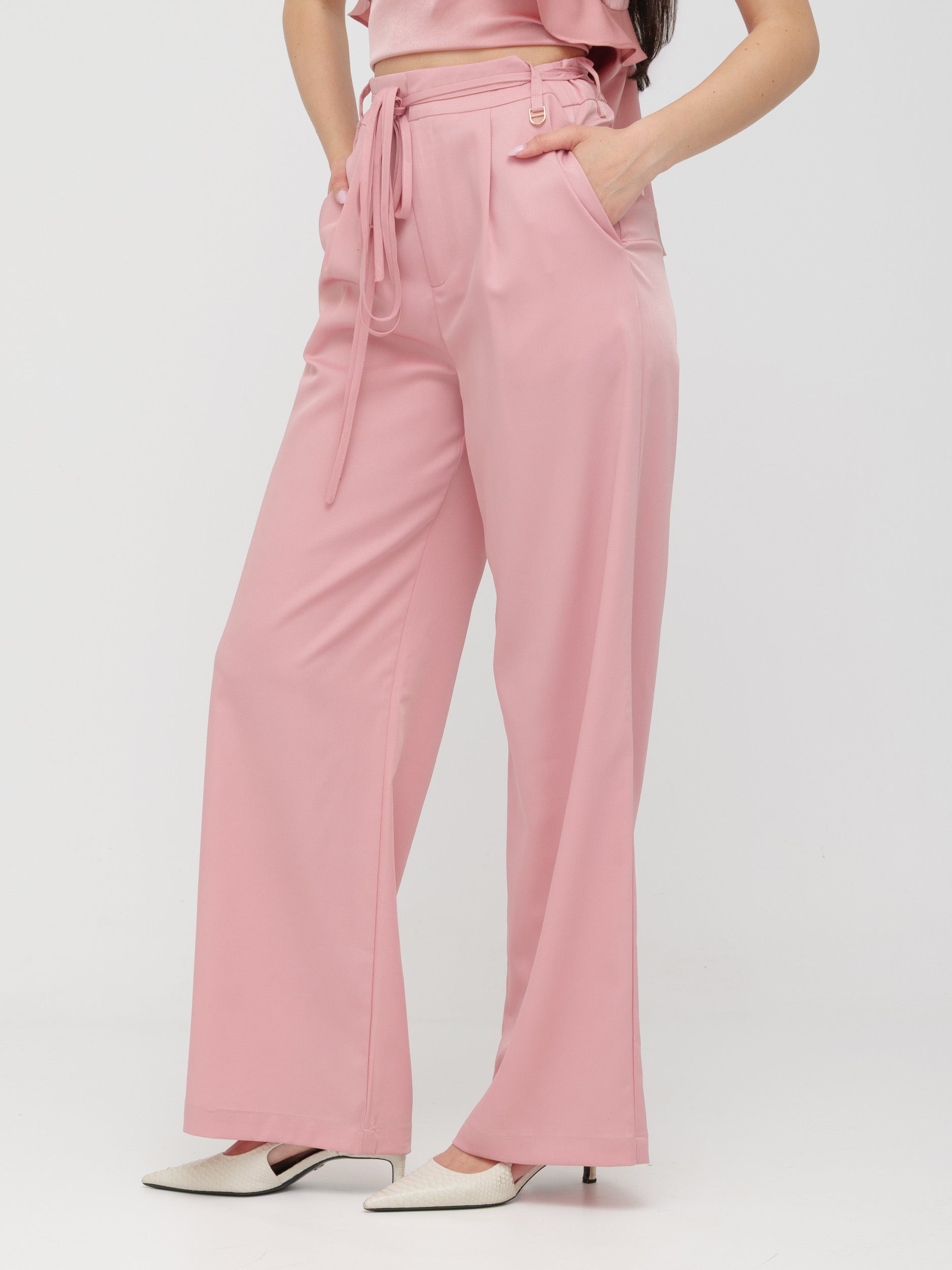 INFLUENCER - pantalone wide leg con lacci in vita pink