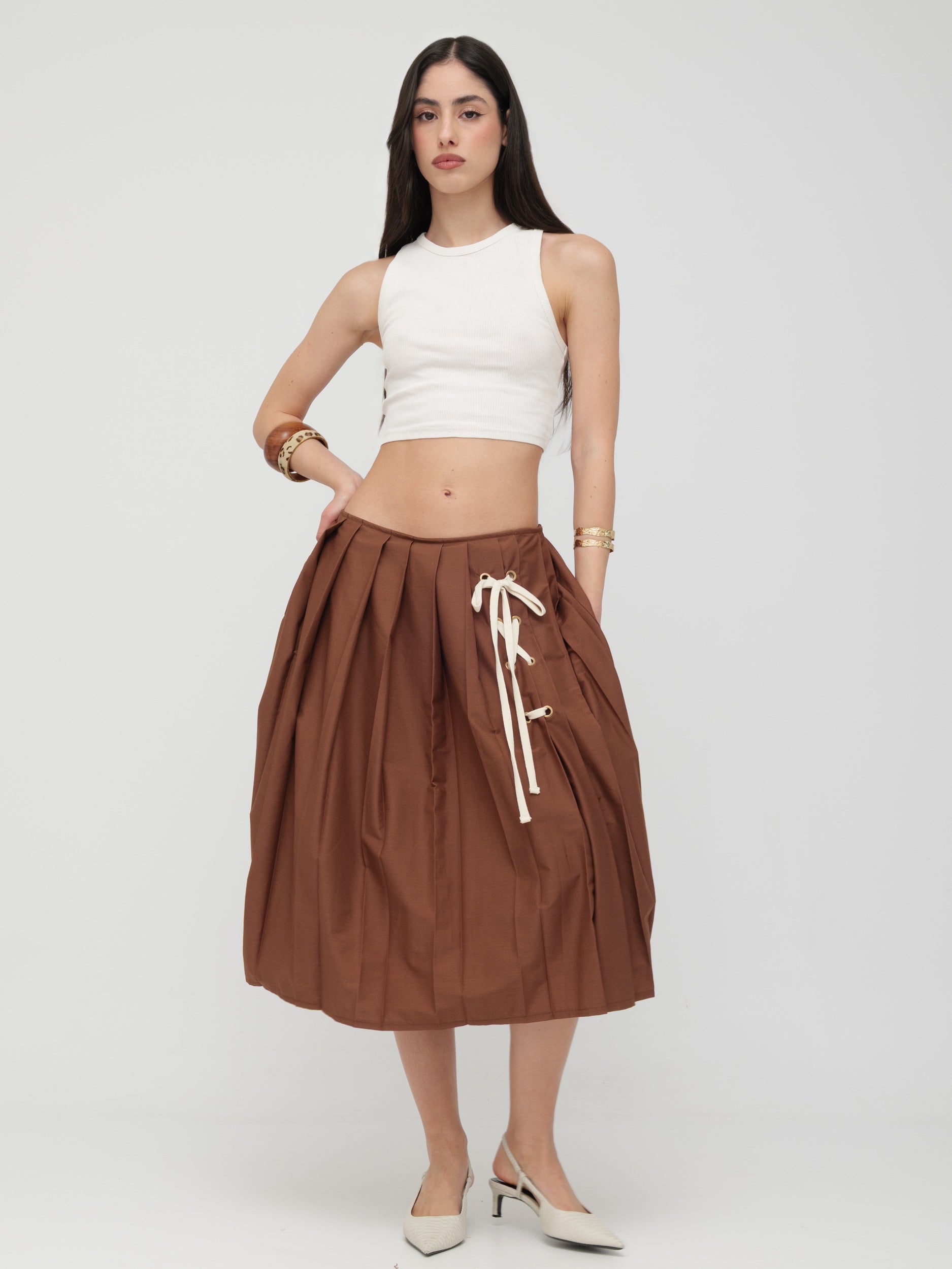 TENSIONE IN - gonna plissettata con dettaglio laccio brown
