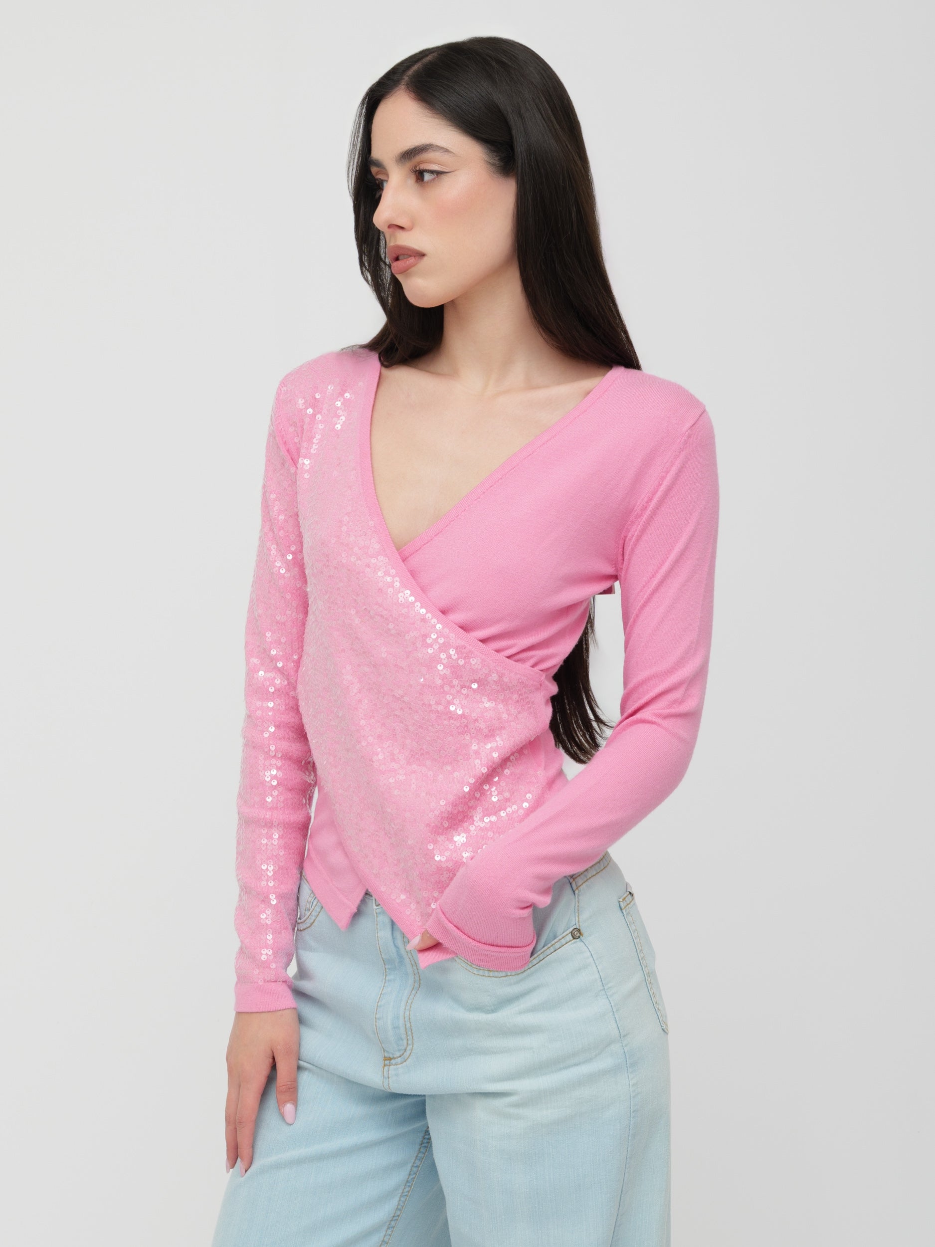 BLUGIRL | BLUMARINE - maglia asimmetrica rosa con paillettes