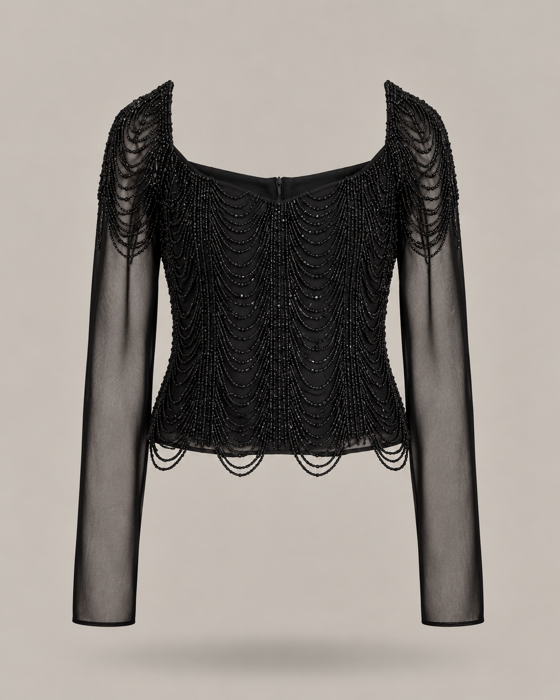 BLUMARINE - top a maniche lunghe in tulle trasparente con perle