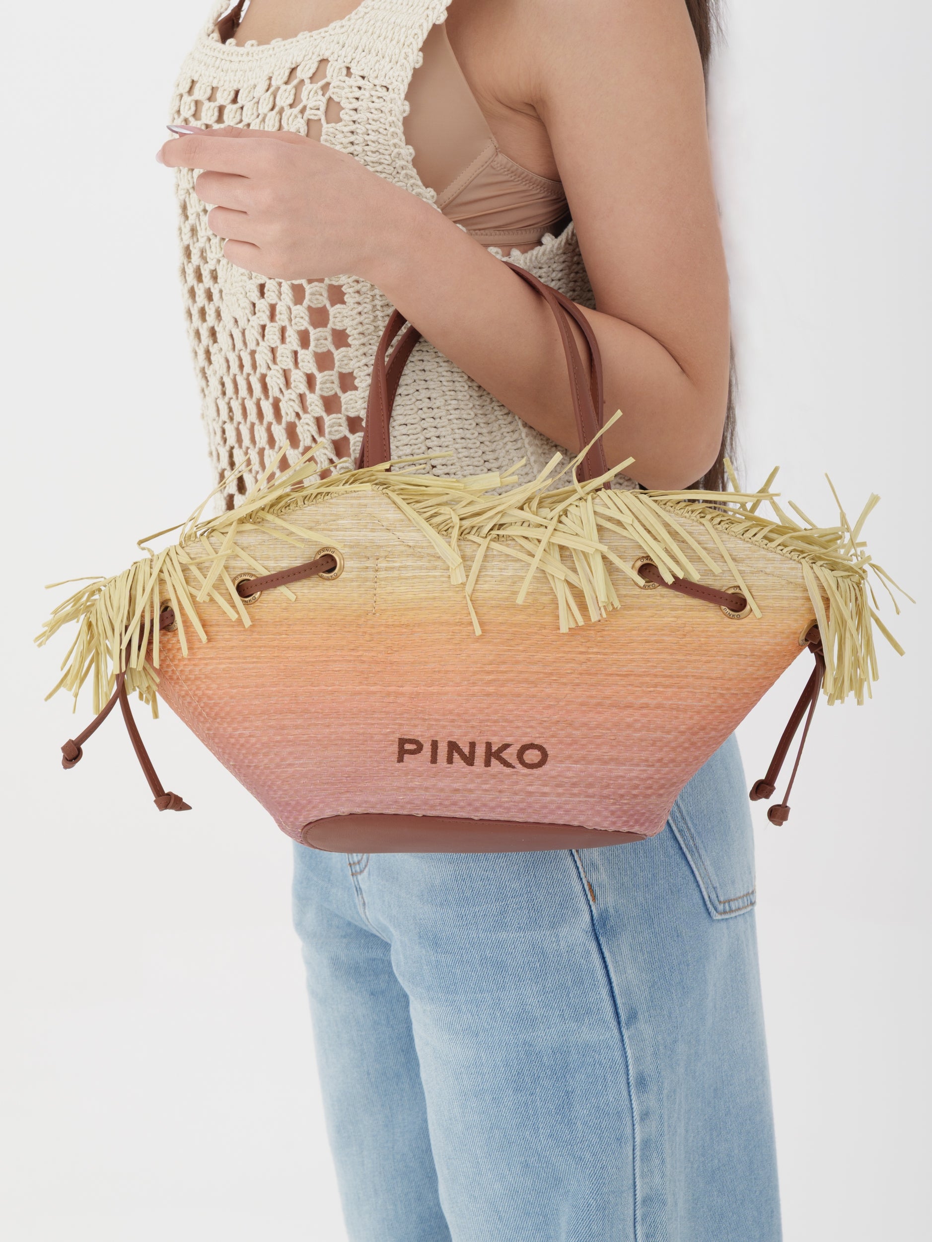 Pinko - Pagoda Small Shopper Rafia Panama, Borsa Donna