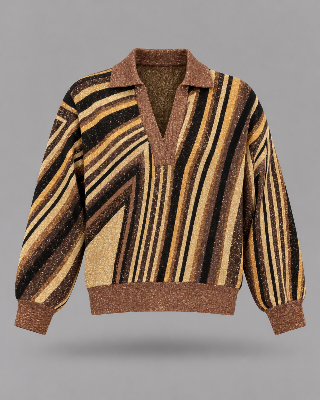 AKEP - Maglia polo a righe lurex marrone, nero e oro