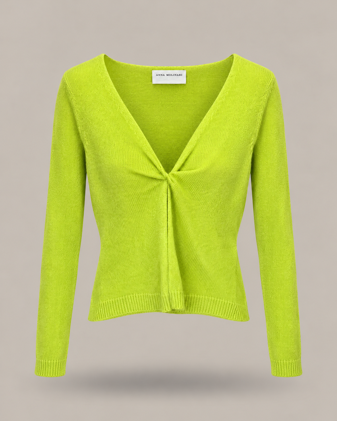 BLUMARINE - maglione verde lime con scollo a V e un dettaglio arricciato sul davanti